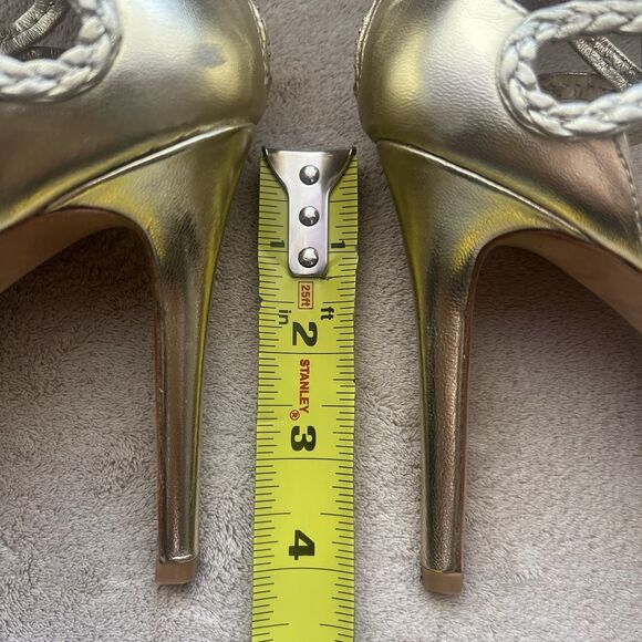 Badgley Mischka Metallic Gold Strappy Stiletto Heel Sandal Women 8.5 Braided Zip - Picture 12 of 16